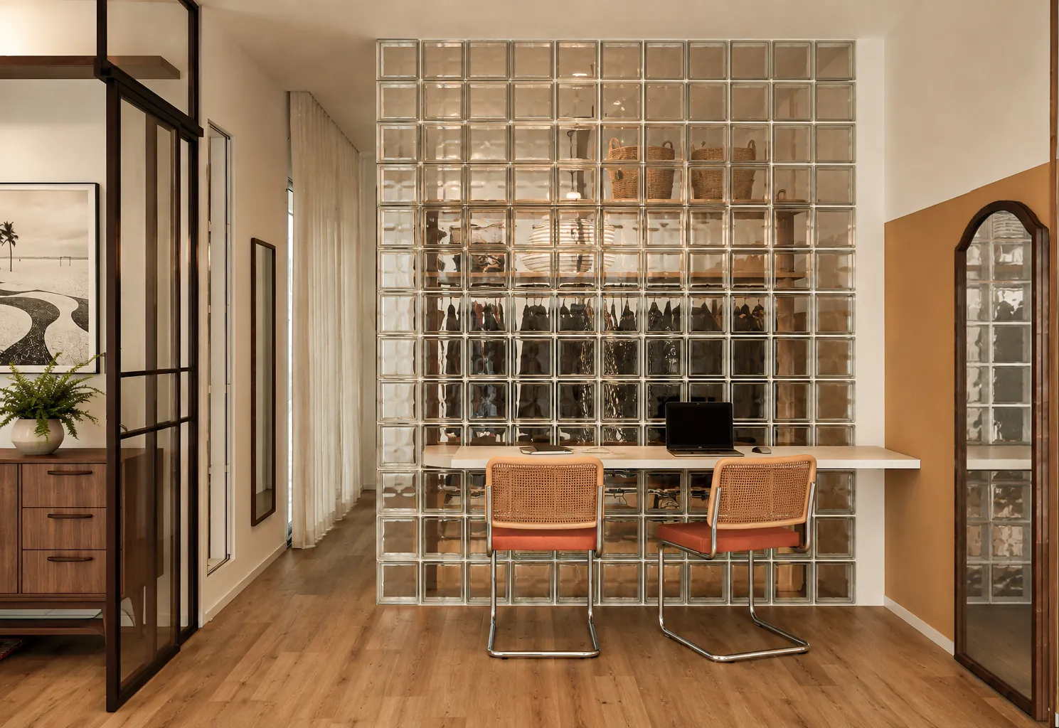 Imagem 3D de home office atrás de parede de blocos de vidro, com cadeiras laranja