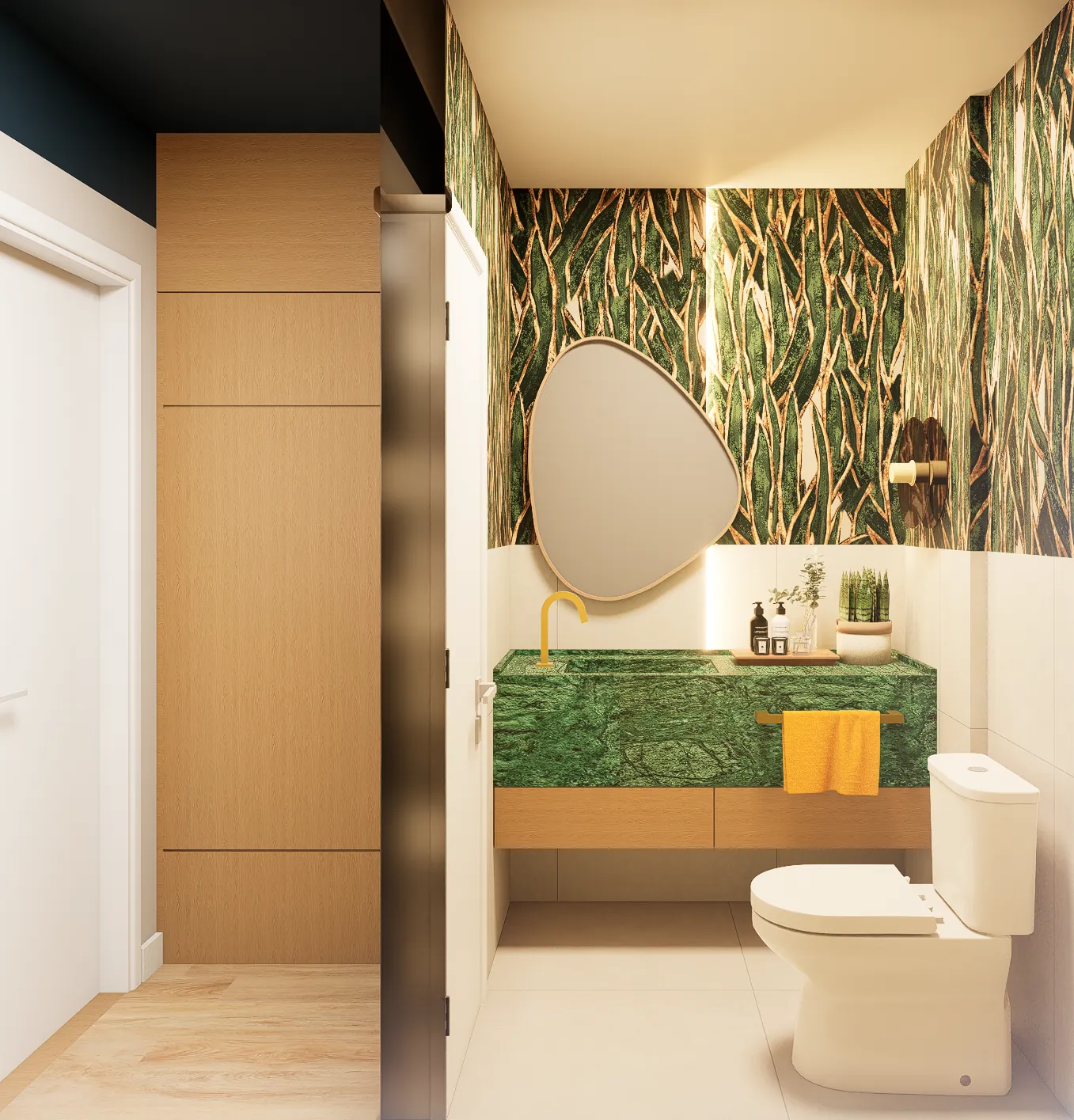 Imagem 3D de lavabo com papel de parede de folhagens, bancada verde e espelho orgânico