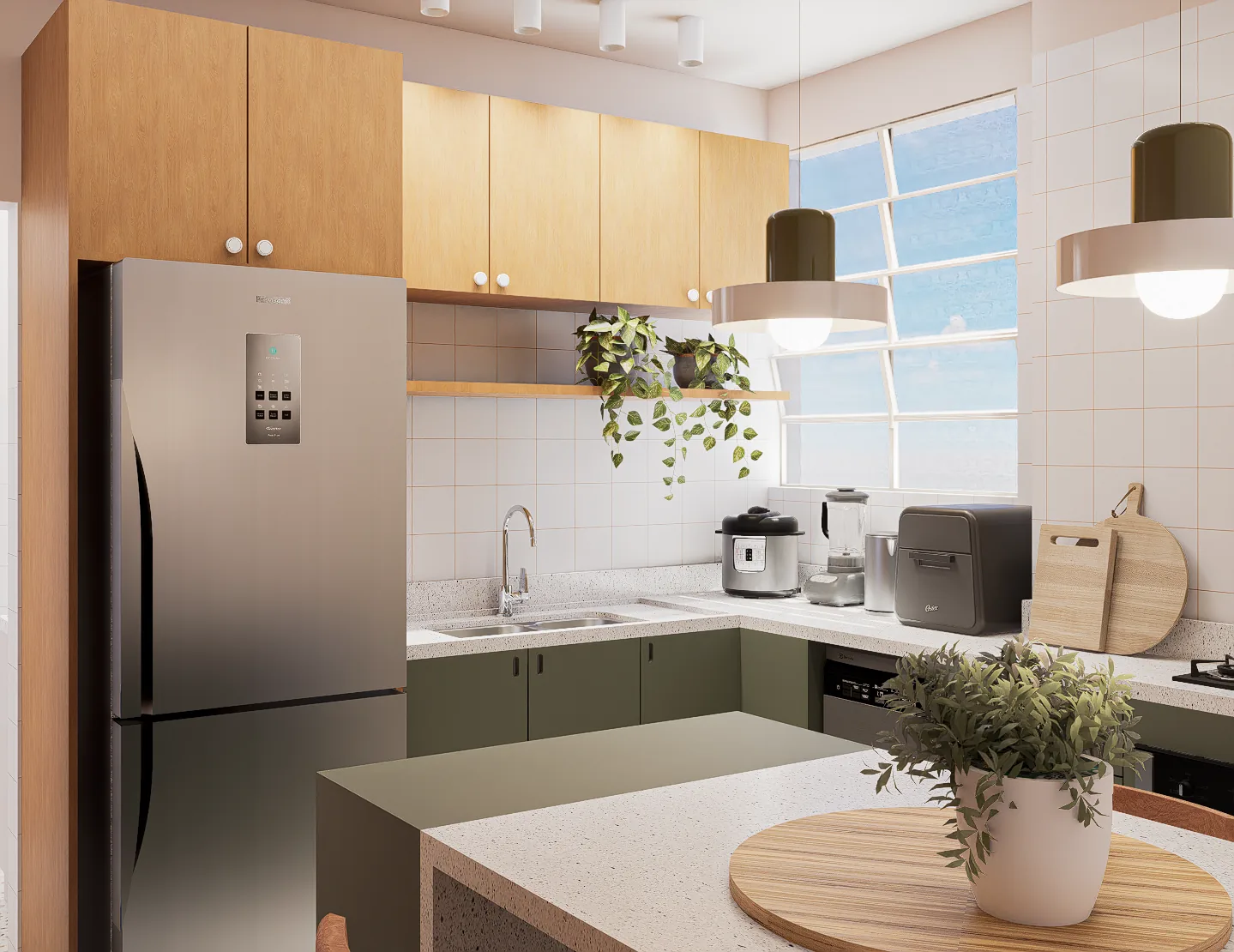 Imagem 3D de cozinha com armários verde-oliva e madeira, ilha e plantas